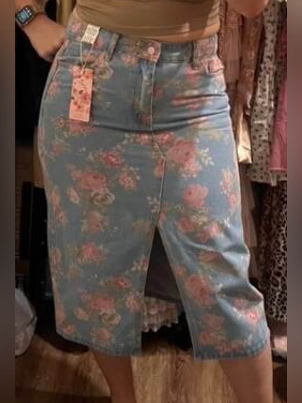 NIP Denim Midi Skirt  Floral Patterned with front slit and pockets. 💐